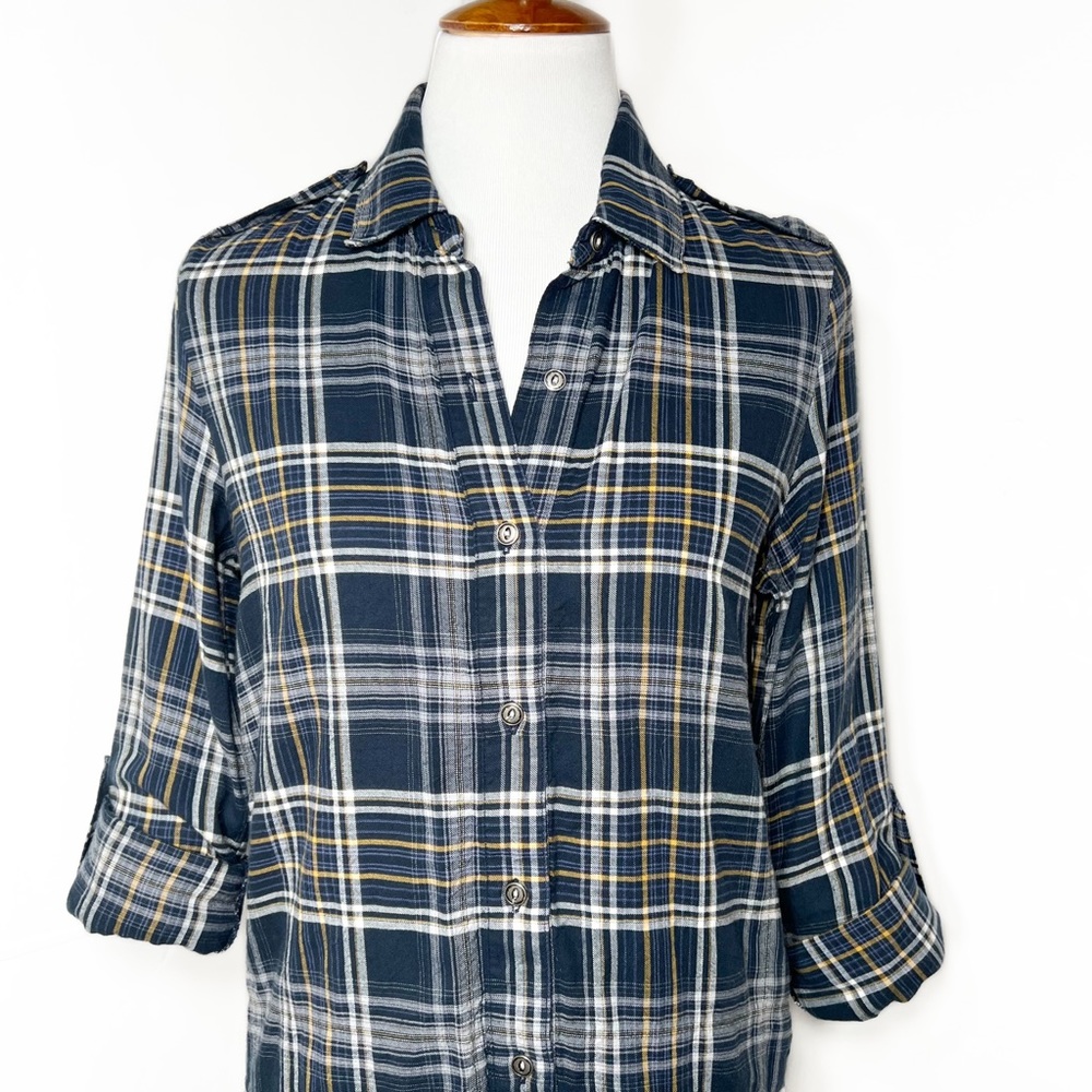 Sam Edelman Navy Blue Plaid Shirtdress, Maxi Shirt, Maxi Top, Cardi, Duster - Picture 9 of 14